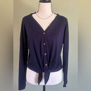 Blue Ribbed Button Down Shirt with Tie Front